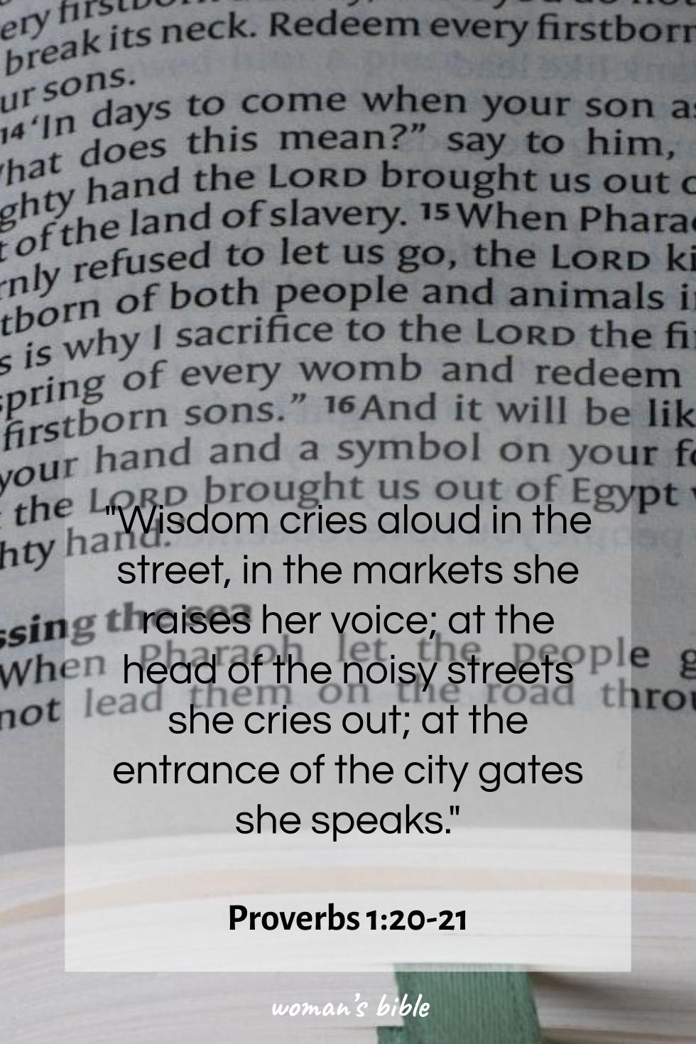 daily verse for woman Wednesday, April 15th, 2026 Proverbs 1:20-21